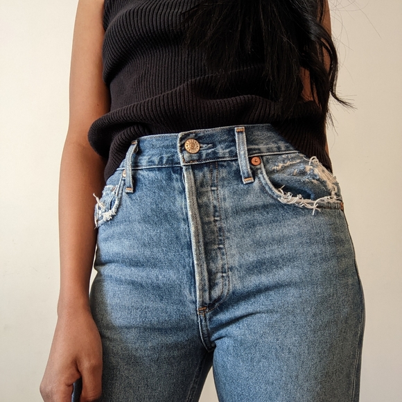 AGOLDE High Waisted Blue Ripped Jeans - Picture 1 of 13